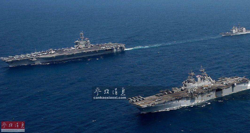 5月19日,美海军"林肯"号(cvn-72)核动力航母与"奇尔沙治"号(lhd-3)